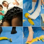生足＆パンスト＆ソックスの３人組が果物を踏み潰す！